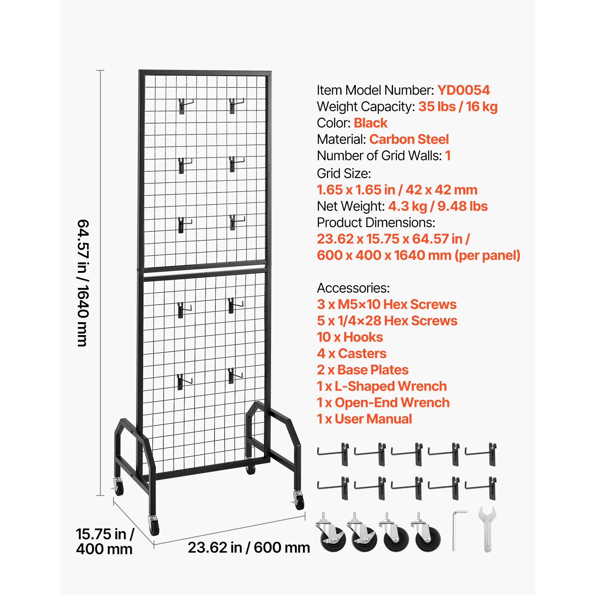 Grid Wall Panel 1.9 X 5.4 Ft Wire Display Rack With Wheels And 10 Hooks_voghion.com